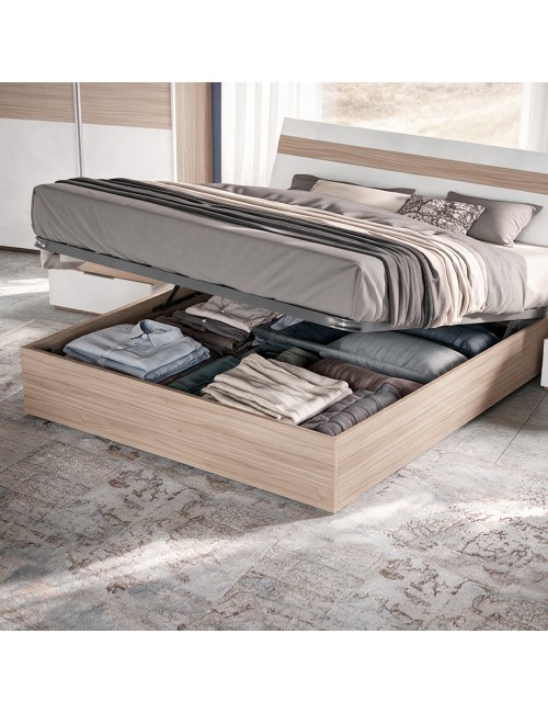 Camera da Letto Completa Ludovica con Armadio Scorrevole, Letto Contenitore e Moduli Bicolore Noce Chiaro e Bianco Spatolato