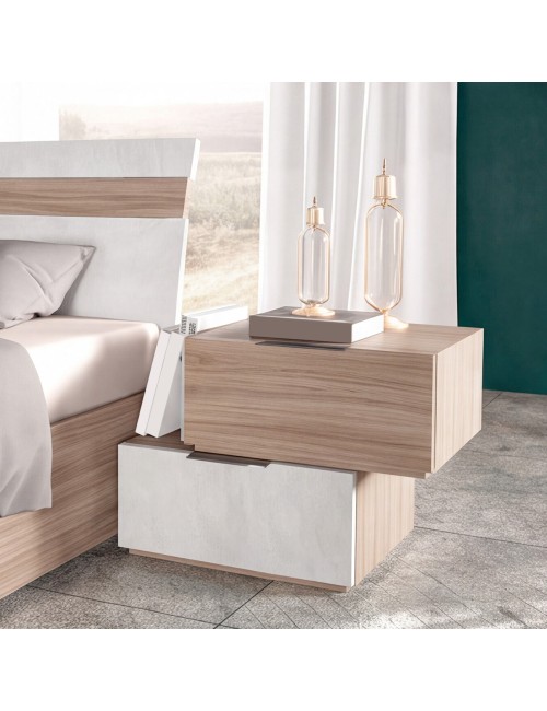 Camera da Letto Completa Ludovica con Armadio Scorrevole, Letto Contenitore e Moduli Bicolore Noce Chiaro e Bianco Spatolato