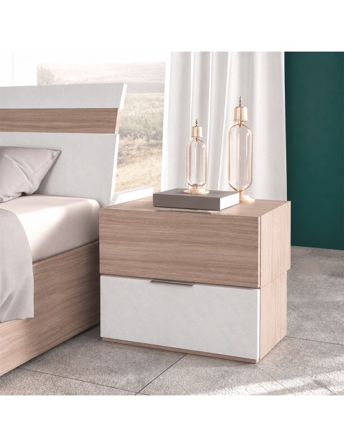 Camera da Letto Completa Ludovica con Armadio Scorrevole, Letto Contenitore e Moduli Bicolore Noce Chiaro e Bianco Spatolato
