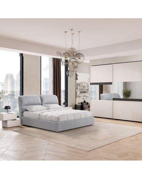 Camera da Letto Completa Milva con Letto Contenitore Sofaback Grigio, Armadio Scorrevole Ante Specchiate Cashmere