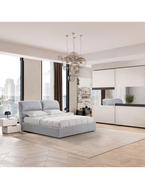 Camera da Letto Completa Milva con Letto Contenitore Sofaback Grigio, Armadio Scorrevole Ante Specchiate Cashmere