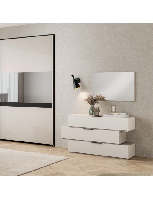 Camera da Letto Completa Milva con Letto Contenitore Sofaback Grigio, Armadio Scorrevole Ante Specchiate Cashmere