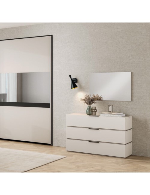 Camera da Letto Completa Milva con Letto Contenitore Sofaback Grigio, Armadio Scorrevole Ante Specchiate Cashmere