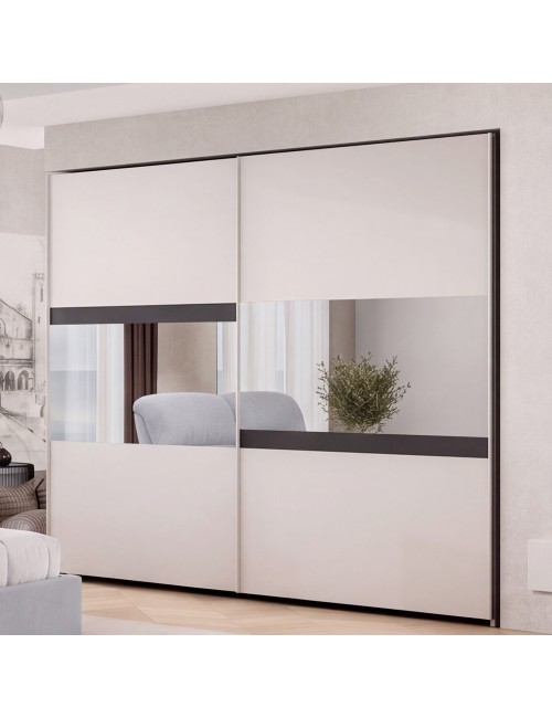Camera da Letto Completa Milva con Letto Contenitore Sofaback Grigio, Armadio Scorrevole Ante Specchiate Cashmere