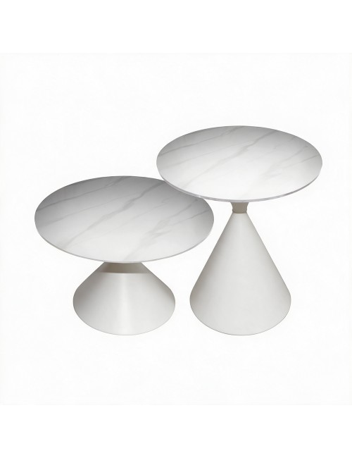 Set 2 tavolini da salotto rotondi Punto con piano effetto marmo bianco e gambe in metallo