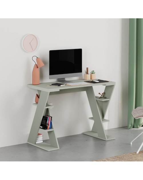 Scrivania Papillon verde con gambe a X e ripiani integrati 106x50x75