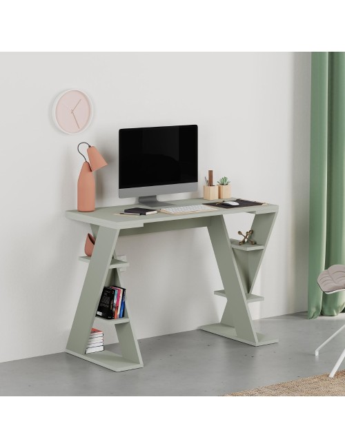 Scrivania Papillon verde con gambe a X e ripiani integrati 106x50x75