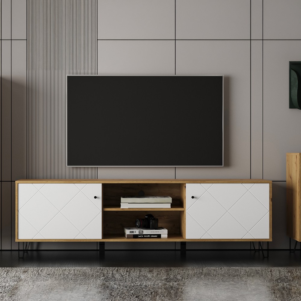 Mobile porta Tv 2 ante e vano a giorno Bollo2 183,4x40x55,5H colore rovere bianco