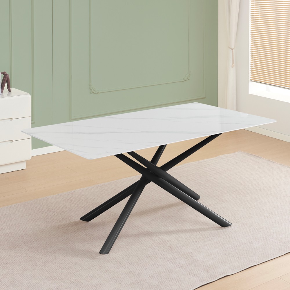 Tavolo fisso Corveo con piano effetto marmo bianco e struttura in metallo nero stile Shangai 180x90