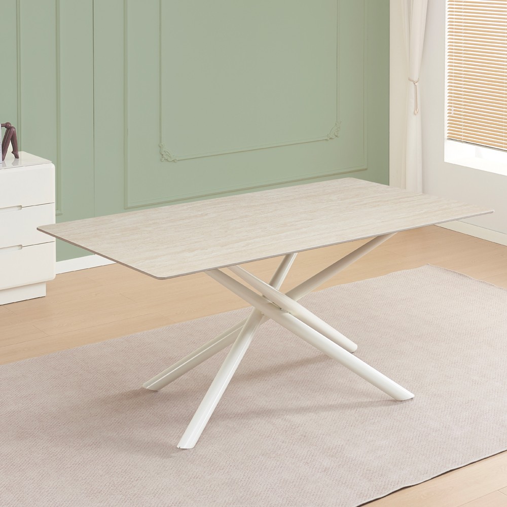 Tavolo fisso Corveo con piano effetto marmo travertino e struttura in metallo bianco stile Shangai 180x90