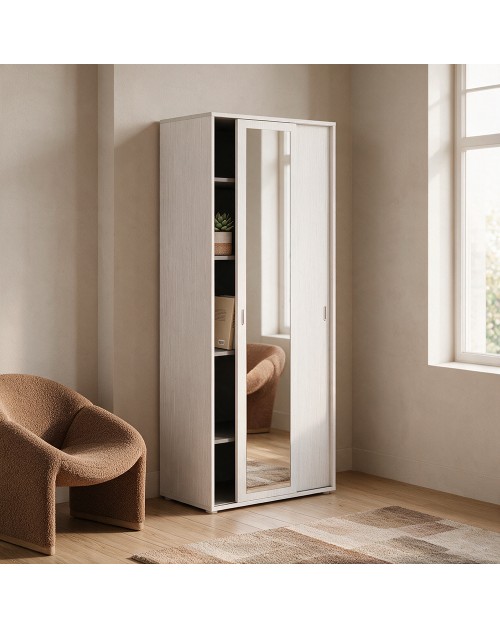 Armadio due ante scorrevoli 90x43x212h con ripiani e specchio colore bianco frassinato
