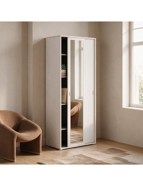 Armadio Due Ante Scorrevoli 90x43x212h con Ripiani e Specchio Bianco Frassinato