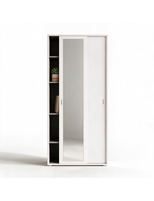 Armadio Due Ante Scorrevoli 90x43x212h con Ripiani e Specchio Bianco Frassinato