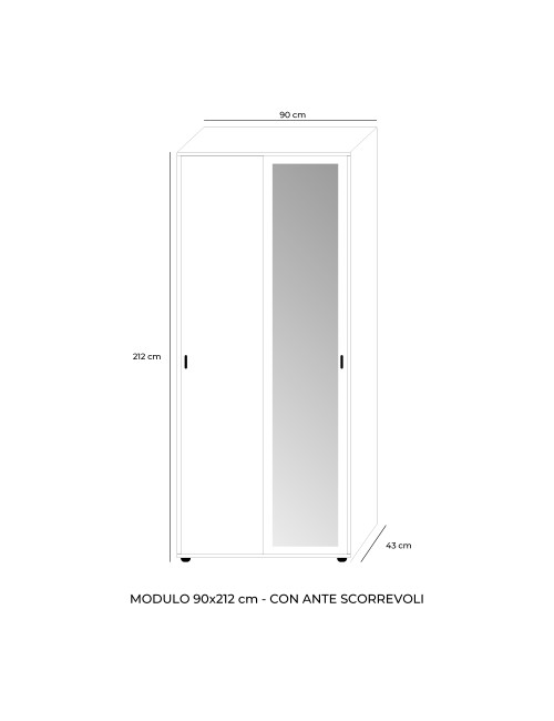 Armadio Due Ante Scorrevoli 90x43x212h con Ripiani e Specchio Bianco Frassinato