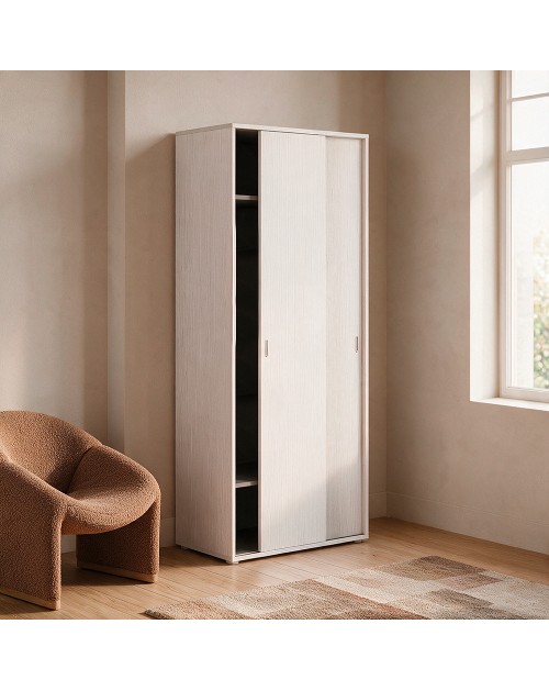 Armadio due ante scorrevoli 90x43x212h con appendiabiti colore bianco frassinato