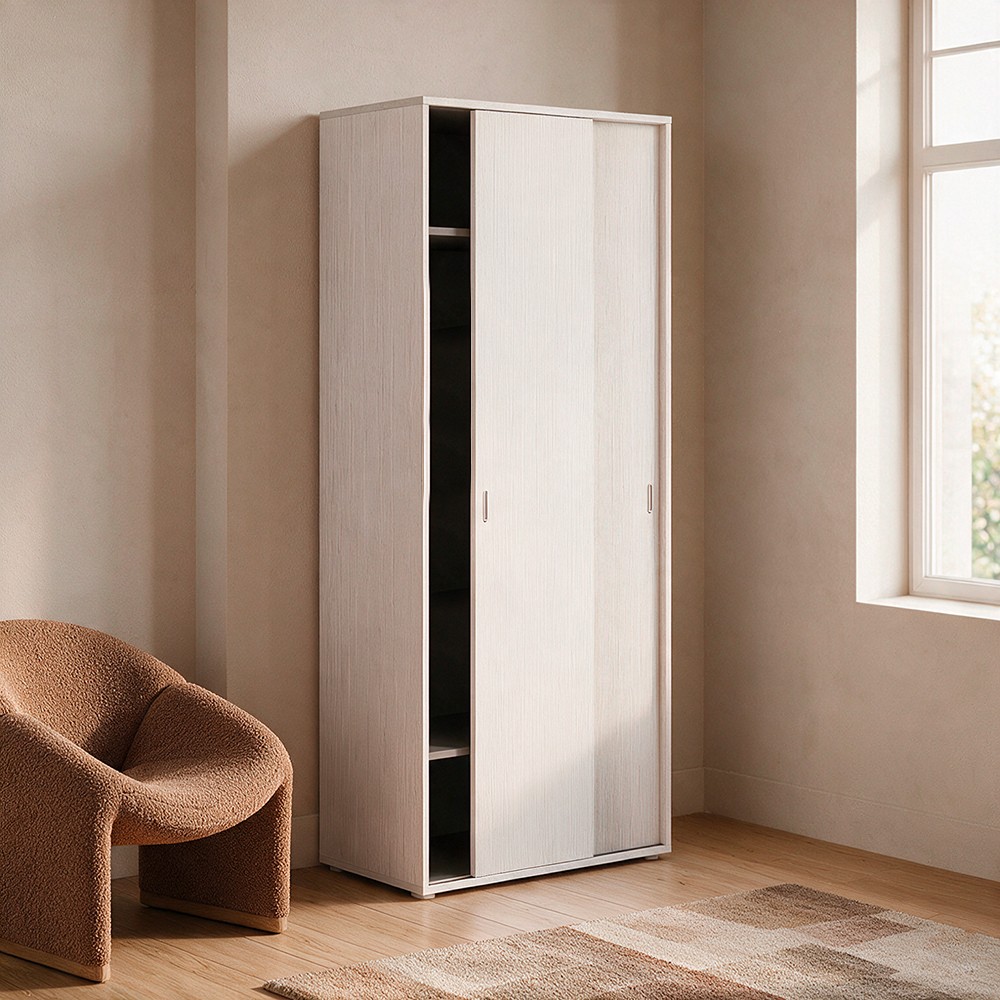Armadio due ante scorrevoli 90x43x212h con appendiabiti colore bianco frassinato