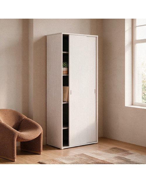 Armadio due ante scorrevoli 90x43x212h con ripiani colore bianco frassinato