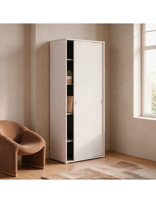 Armadio Due Ante Scorrevoli 90x43x212h con Ripiani Bianco Frassinato