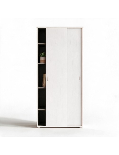 Armadio Due Ante Scorrevoli 90x43x212h con Ripiani Bianco Frassinato