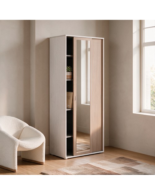 Armadio due ante con specchio scorrevoli 90x43x212h con ripiani colore bianco frassinato e olmo