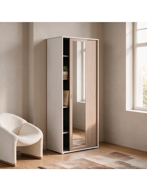 Armadio Due Ante con Specchio Scorrevoli 90x43x212h con Ripiani Bianco Frassinato e Olmo