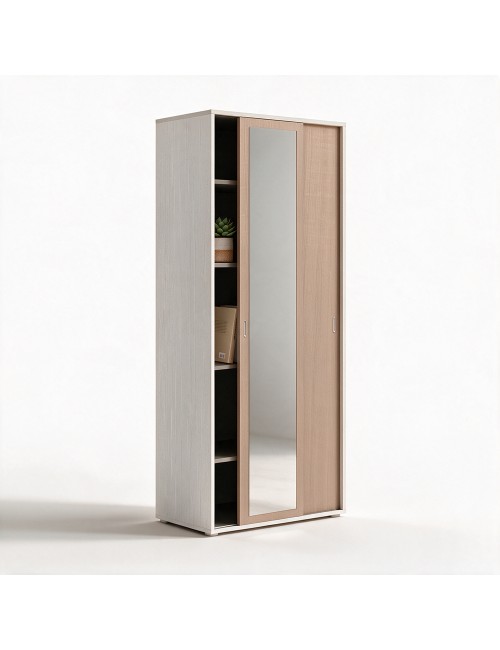 Armadio Due Ante con Specchio Scorrevoli 90x43x212h con Ripiani Bianco Frassinato e Olmo