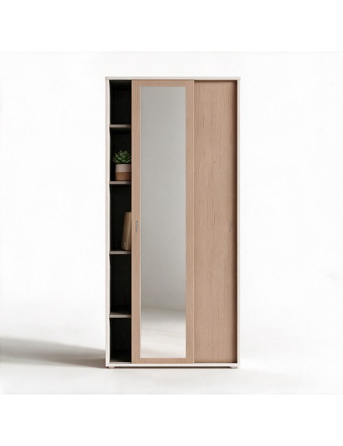 Armadio Due Ante con Specchio Scorrevoli 90x43x212h con Ripiani Bianco Frassinato e Olmo