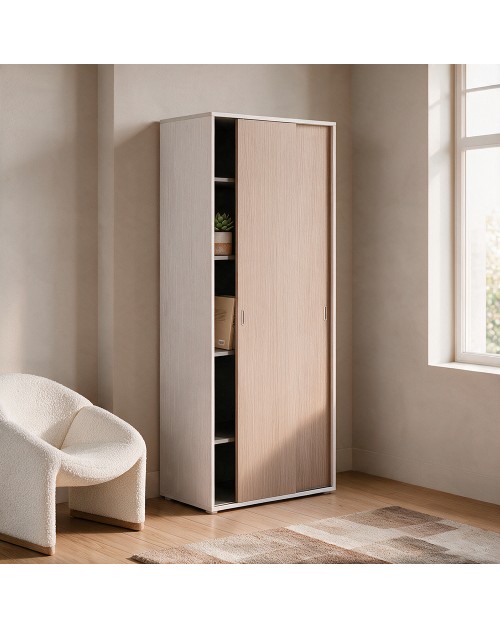 Armadio due ante scorrevoli 90x43x212h con ripiani colore bianco frassinato e olmo
