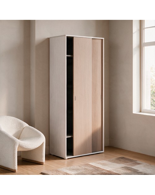 Armadio due ante scorrevoli 90x43x212h con appendiabiti colore bianco frassinato e olmo