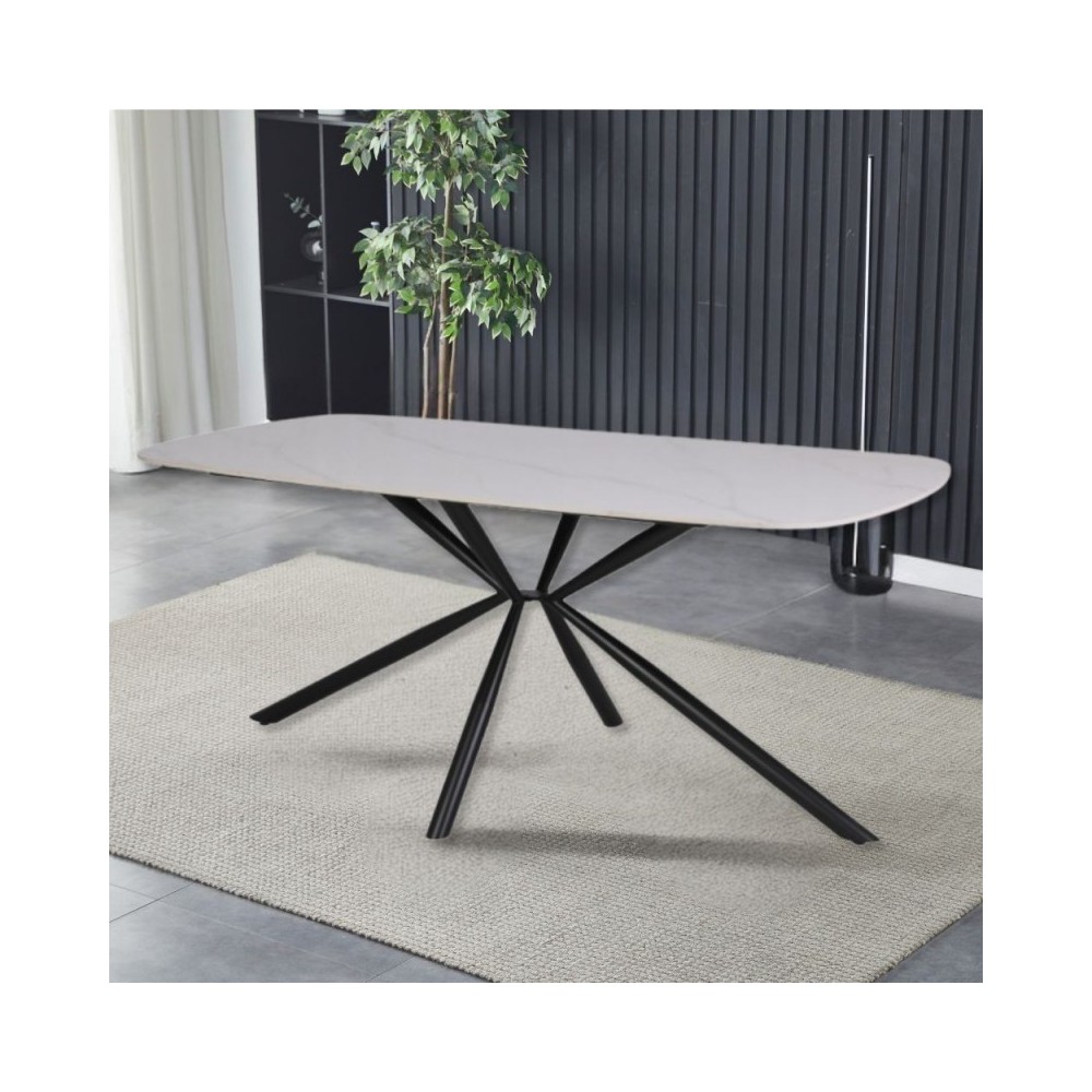 Tavolo Style con piano in ceramica effetto marmo bianco lucido e gambe nere