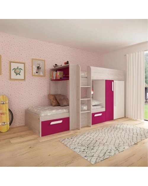 Letto a castello bianco consumato fucsia con armadio e cassetti 1298