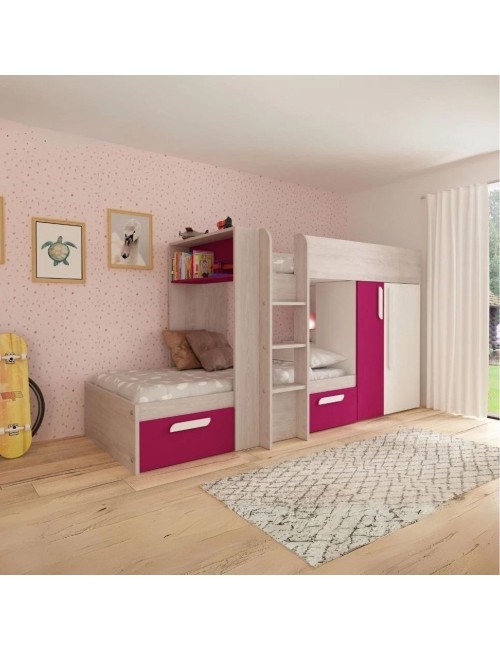 Letto a castello bianco consumato fucsia con armadio e cassetti 1298