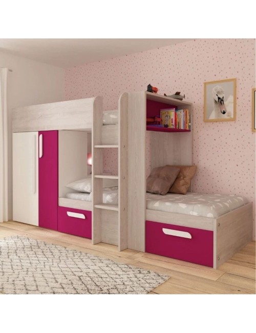 Letto a castello bianco consumato fucsia con armadio e cassetti 1298