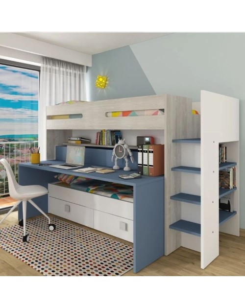 Letto a castello con scrivania estraibile 6070 colore bianco celeste
