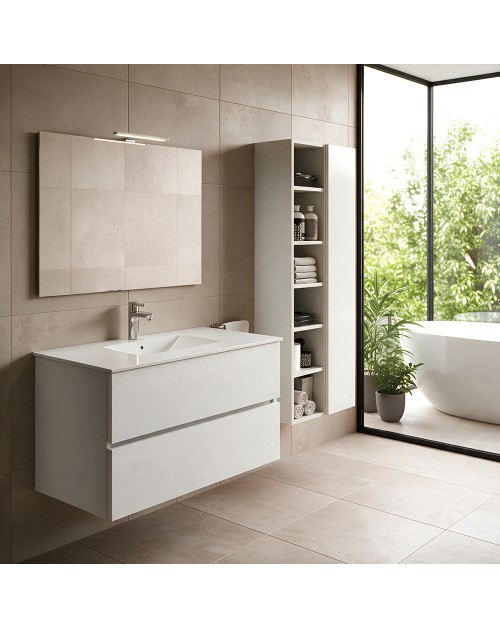 Mobile bagno sospeso bianco frassinato 2 cassetti con lavabo e specchio COMP100BF 101x46x54h