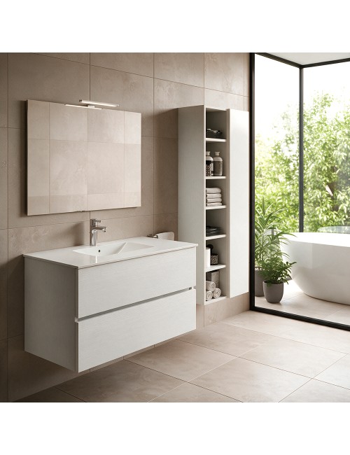 Mobile bagno sospeso bianco frassinato 2 cassetti con lavabo e specchio COMP100BF 101x46x54h