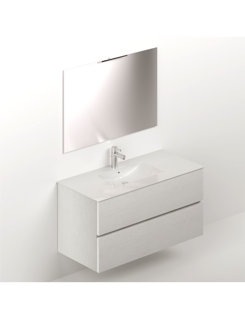 Mobile bagno sospeso bianco frassinato 2 cassetti con lavabo e specchio COMP100BF 101x46x54h