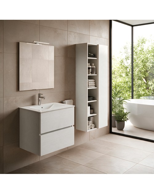Mobile bagno sospeso bianco frassinato 2 cassetti con lavabo e specchio COMP60BF 61x46x54h