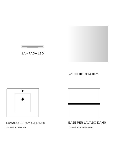 Mobile bagno sospeso bianco frassinato 2 cassetti con lavabo e specchio COMP60BF 61x46x54h