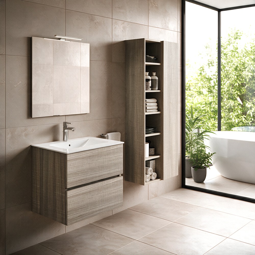 Mobile bagno sospeso olmo 2 cassetti con lavabo e specchio COMP60OL 61x46x54h