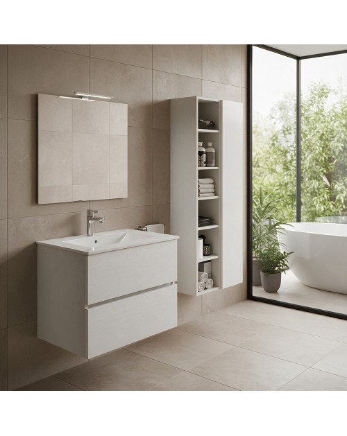 Mobile bagno sospeso bianco frassinato 2 cassetti con lavabo e specchio COMP80BF 81x46x54h