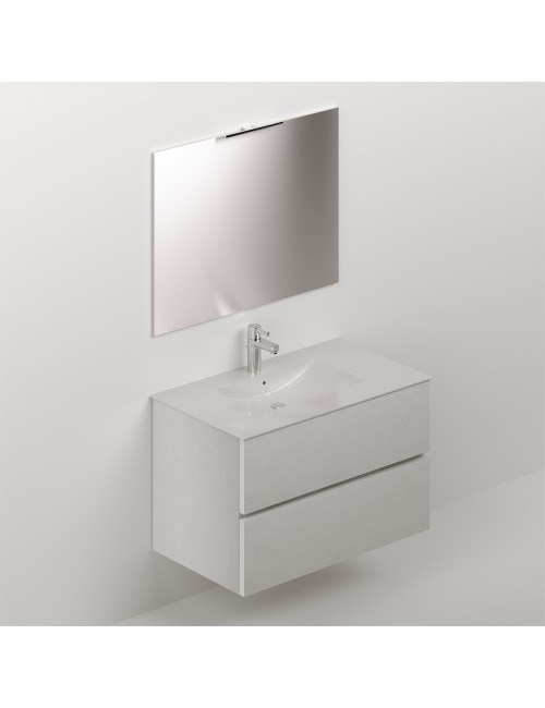 Mobile bagno sospeso bianco frassinato 2 cassetti con lavabo e specchio COMP80BF 81x46x54h