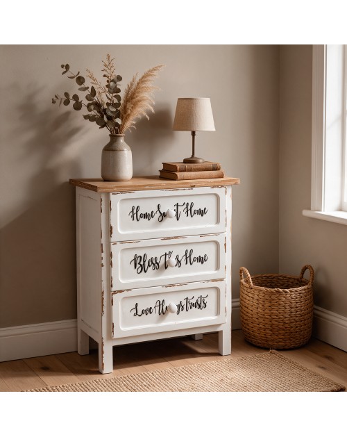 Mobile Multiuso Shabby Chic Breslavia con 3 Cassetti Bianco e Top Rovere - H 70 cm