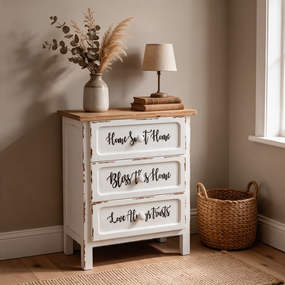 Mobile Multiuso Shabby Chic Breslavia con 3 Cassetti Bianco e Top Rovere - H 70 cm