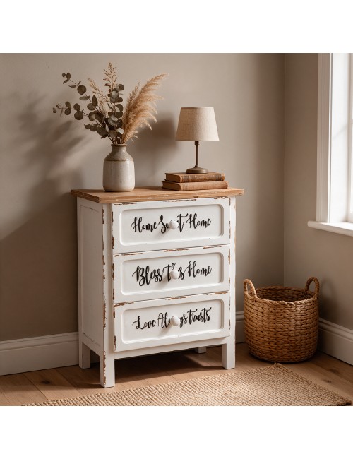 Mobile Multiuso Shabby Chic Breslavia con 3 Cassetti Bianco e Top Rovere - H 70 cm