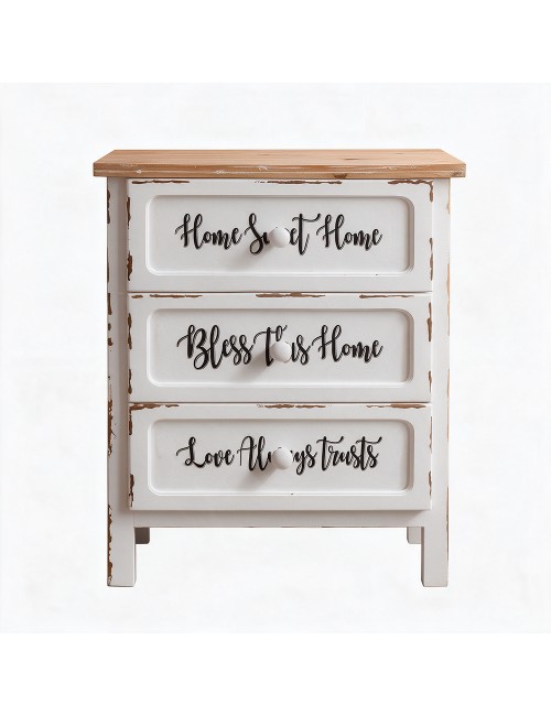 Mobile Multiuso Shabby Chic Breslavia con 3 Cassetti Bianco e Top Rovere - H 70 cm