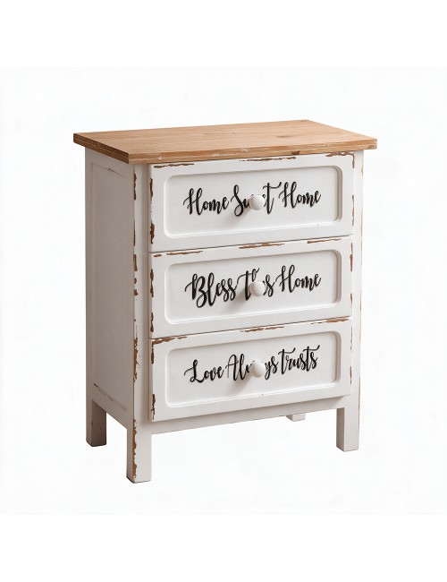Mobile Multiuso Shabby Chic Breslavia con 3 Cassetti Bianco e Top Rovere - H 70 cm