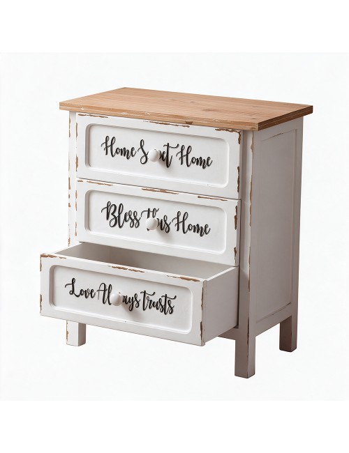 Mobile Multiuso Shabby Chic Breslavia con 3 Cassetti Bianco e Top Rovere - H 70 cm