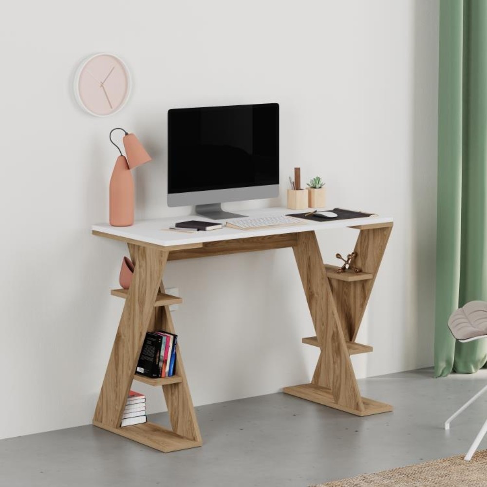 Scrivania Papillon rovere e bianco con gambe a X e ripiani integrati 106x50x75