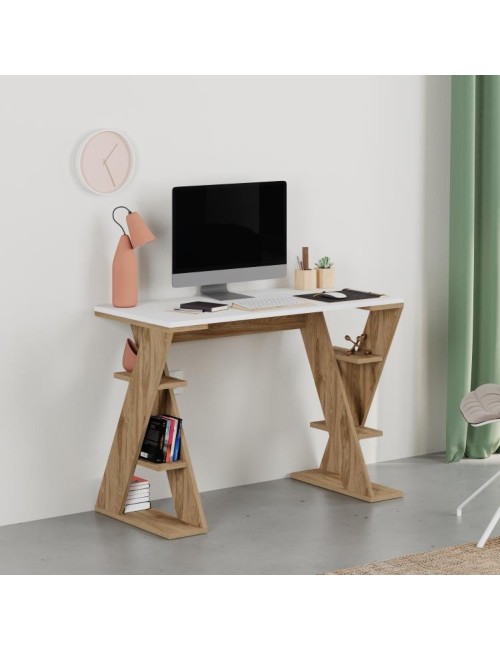 Scrivania Papillon rovere e bianco con gambe a X e ripiani integrati 106x50x75